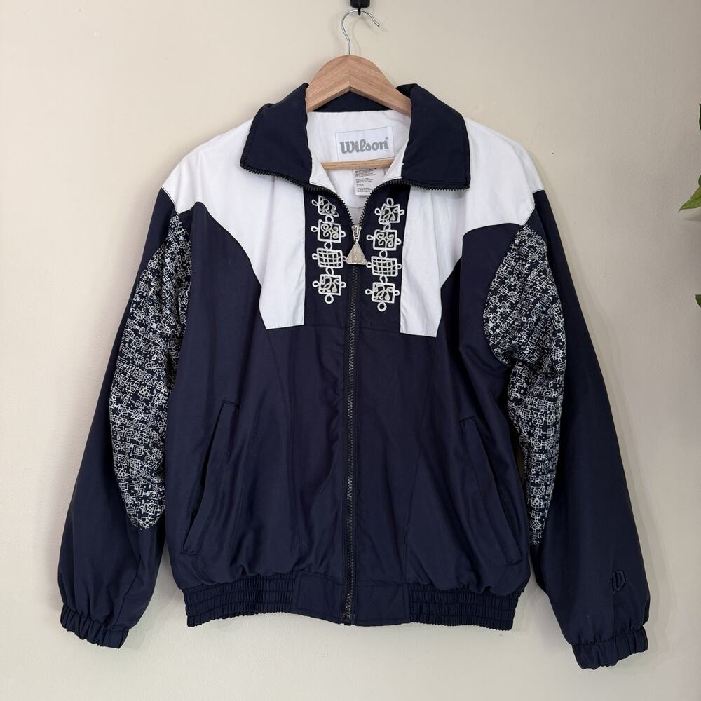 Vintage Wilson Windbreaker Jacket Womens Small Navy Embroidered Full Zip Retro